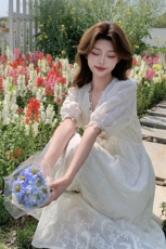 刺绣连衣裙夏季法式粉色碎花裙小众泡泡袖甜美长裙显瘦气质复古，女装连衣裙，浙宝208A