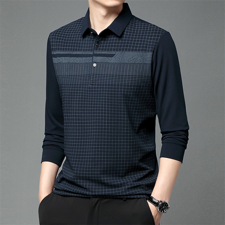 新款秋季长袖T恤翻领打底上衣中老年男士商务休闲条纹polo衫，男装Polo衫，钱塘6003（原4033）