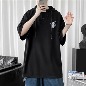 LD54167-P45 连帽短袖t恤男大码胖子带帽五分袖中袖图片