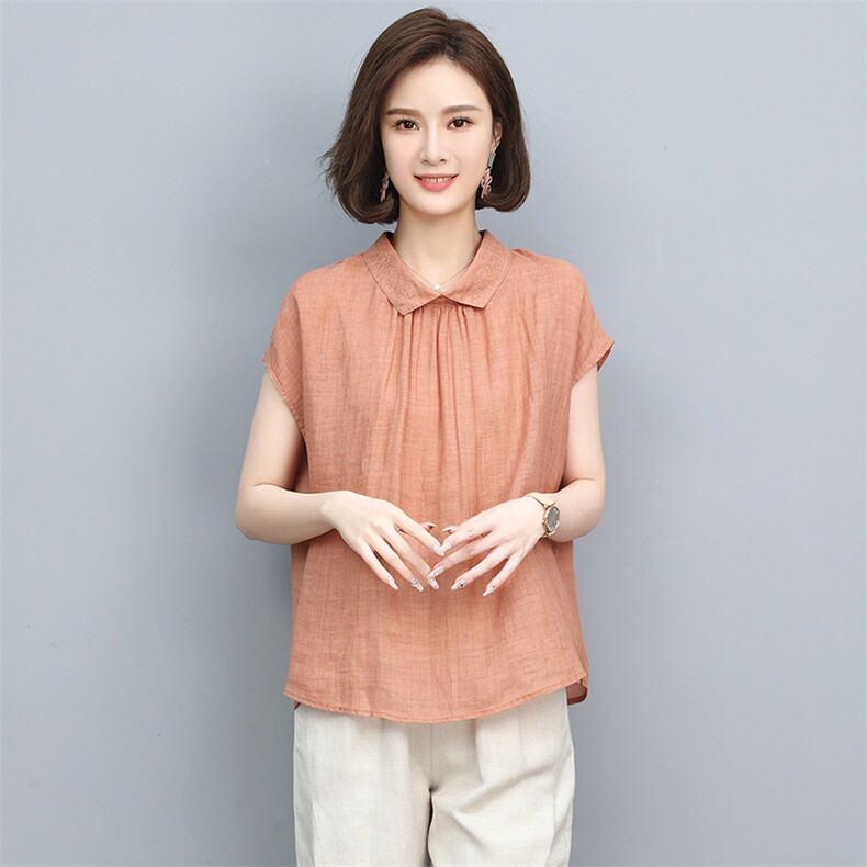 2022年夏季新款苎麻衬衫女短袖简约衬衣妈妈棉麻夏装上衣,女装衬衫,忆绮罗