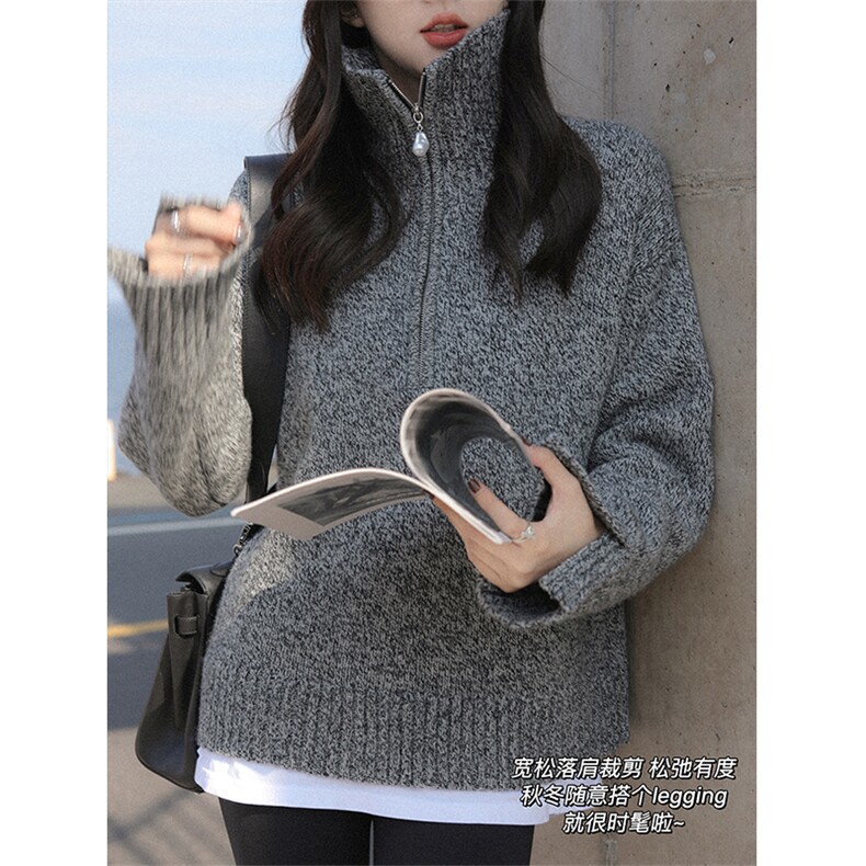 新款纯色半高拉链领针织套头上衣，女装针织衫/毛衣，悦玛羊绒