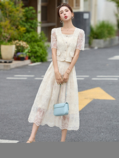 法式小香风蕾丝套装裙女2025夏季新款高级感时尚气质半身裙两件套，女装连衣裙，玖莱伊