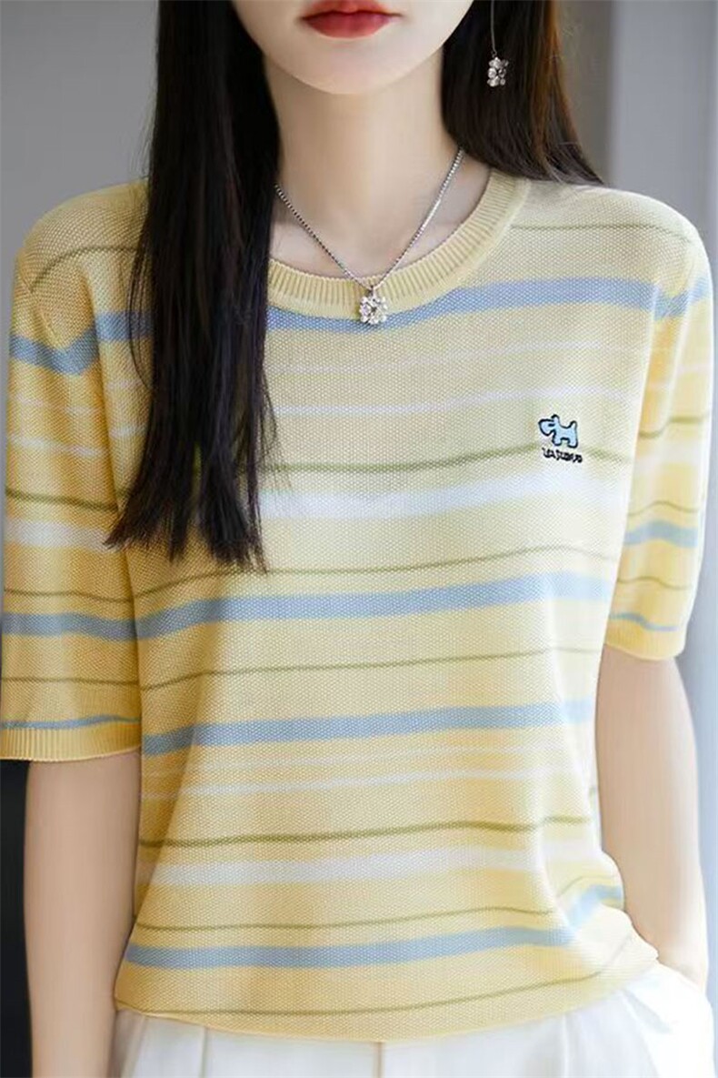 夏季新款女士简约时尚舒适条纹小狗短袖,女装T恤,萱芳婷羊绒