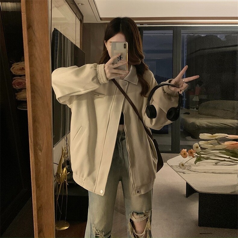 鹿皮绒棒球服男宽松春秋款美式复古高街翻领开衫夹克外套GJK25图片