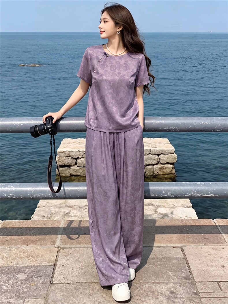 新中式气质减龄套装女夏款气质显瘦刺绣印花上衣阔腿长裤两件套,女装套装/套裙,江南