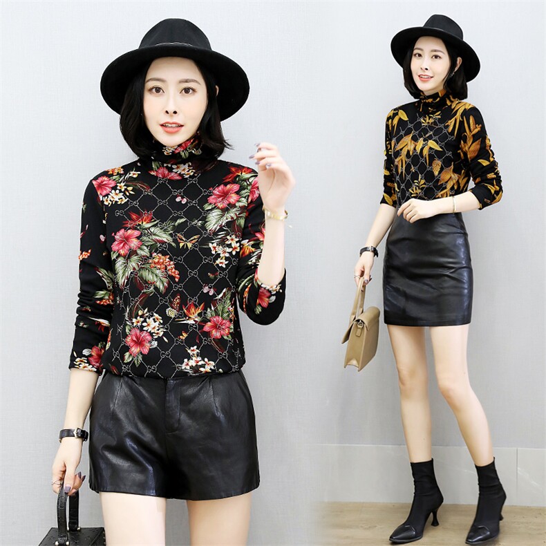 2020年冬季长袖印花花色植绒纱网镶钻修身蕾丝衫，女装蕾丝衫/雪纺衫，安之芮娜