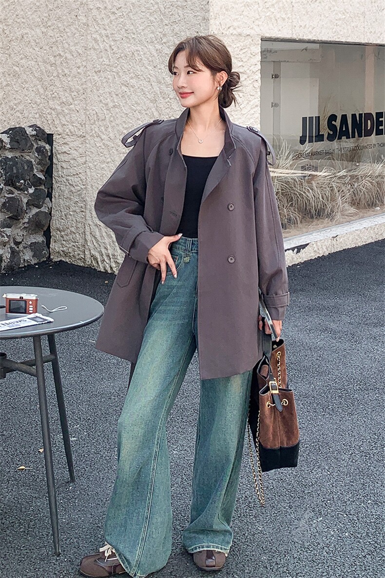 深灰色韩系工装风衣外套女2025秋季新款气质高级感小个子立领大衣,女装风衣,2C317A