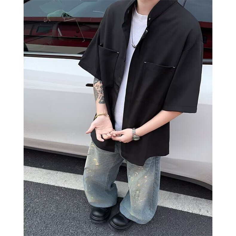 夏季时尚潮流百搭衬衫小立领设计感休闲宽松金属装饰男式短袖衬衣,男装衬衫,星座601-2
