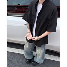 夏季时尚潮流百搭衬衫小立领设计感休闲宽松金属装饰男式短袖衬衣，男装衬衫，星座601-2