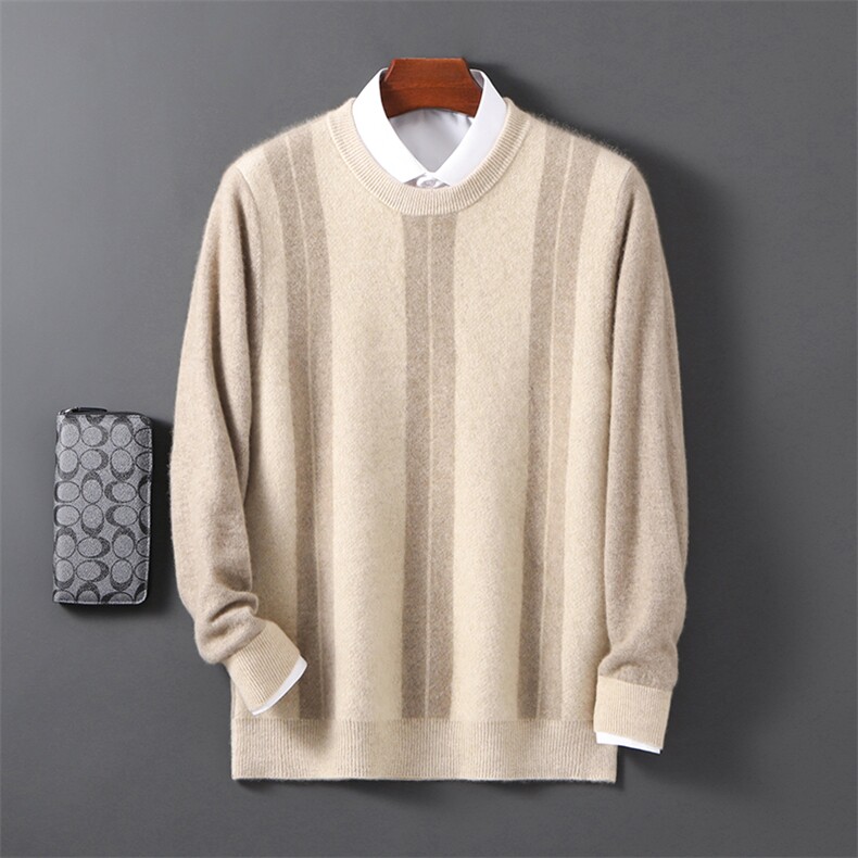 2025年秋季新款百搭男士12针彩条圆领加厚保暖羊毛衫，男装羊毛衫，邓利维