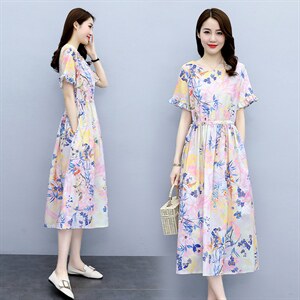 小碎花连衣裙女夏2025新款收腰显瘦气质短袖裙子休闲印花棉麻长裙，女装连衣裙，倪叶myz