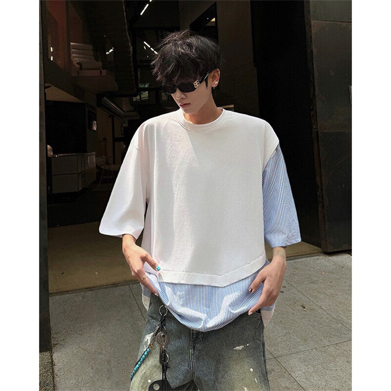 夏季原创不对称设计拼接条纹剪裁潮牌时尚简约短袖T恤短袖 P38图片