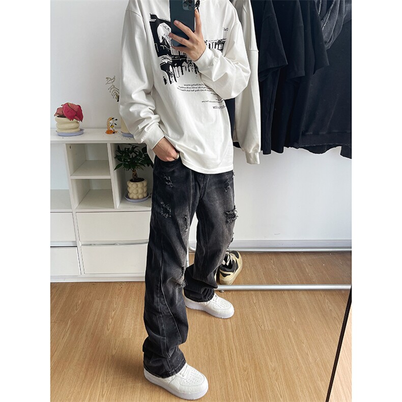 B221美式ins高街小众个性男女破洞牛仔裤LK23001-P65控88,男装牛仔裤,电商B221