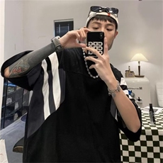 欧美高街t恤原创拼接hiphop棒球短袖男夏季重磅藏青色条纹五分袖，男装T恤，星座1210-1