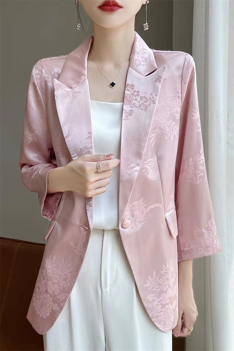 气质提花高端醋酸缎面西装外套女百搭收褶显瘦休闲西服,女装西装,朝贺羊绒