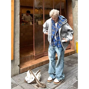 青少年小众美式假两件连帽格子卫衣开衫男女宽松上衣外套B931-P65图片