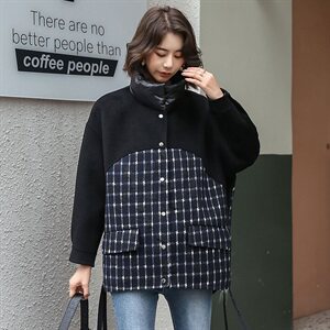 冬季新款格纹拼接时尚双面呢羊绒外套立领潮流女图片