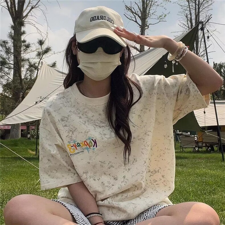雪花染刺绣冰感短袖T恤男夏季潮牌小领口宽松情侣速干内搭打底衫,男装T恤,星座506A