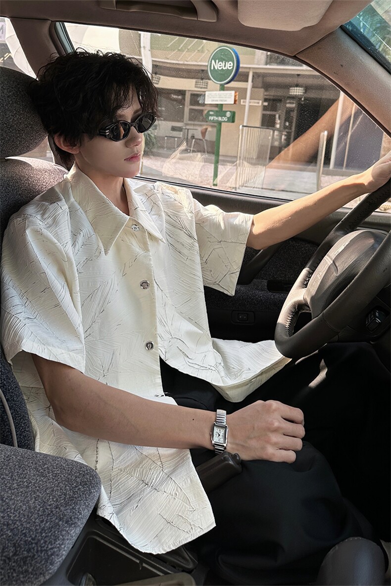 夏季新款短袖衬衫小众解构肌理感黑色裂纹韩版花衬衫打底T恤P50,男装T恤,电商B319