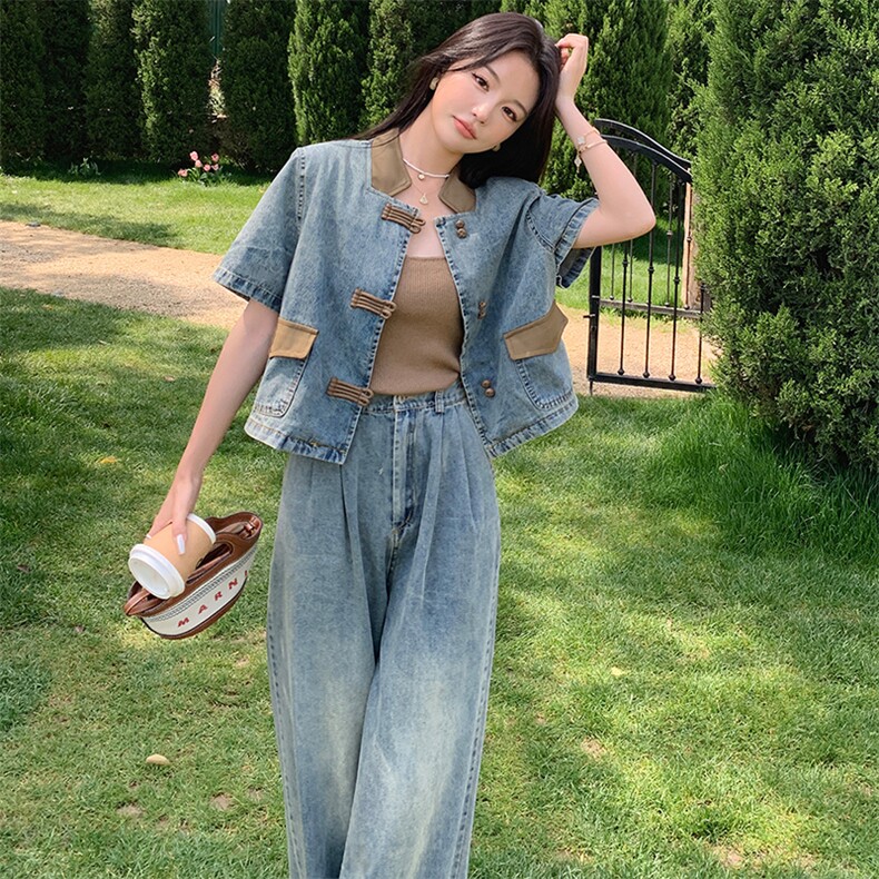 浅蓝色新中式国风牛仔套装初秋女2024新款炸街时尚阔腿裤两件套潮,女装套装/套裙,浙宝305