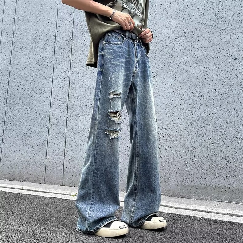 美式微喇叭破洞牛仔裤男高街垂感宽松阔腿裤休闲长裤RK2047-P45，男装牛仔裤，星座412-2