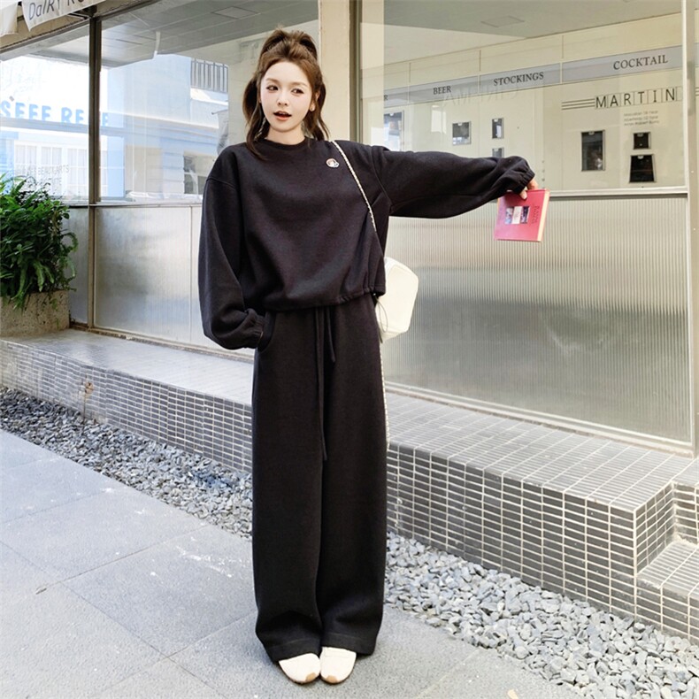藏青色圆领卫衣套装女2025年秋季新款宽松慵懒风休闲阔腿裤两件套图片