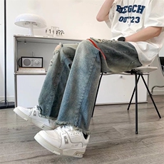 欧美vibe风裤子男小众设计感炸街破洞牛仔裤阔腿乞丐裤N723-P45，男装牛仔裤，星座1008-1
