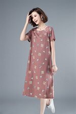 2021年夏季通勤韩版短袖套头A字裙40-49周岁圆领印花裙子，女装连衣裙，伊满意