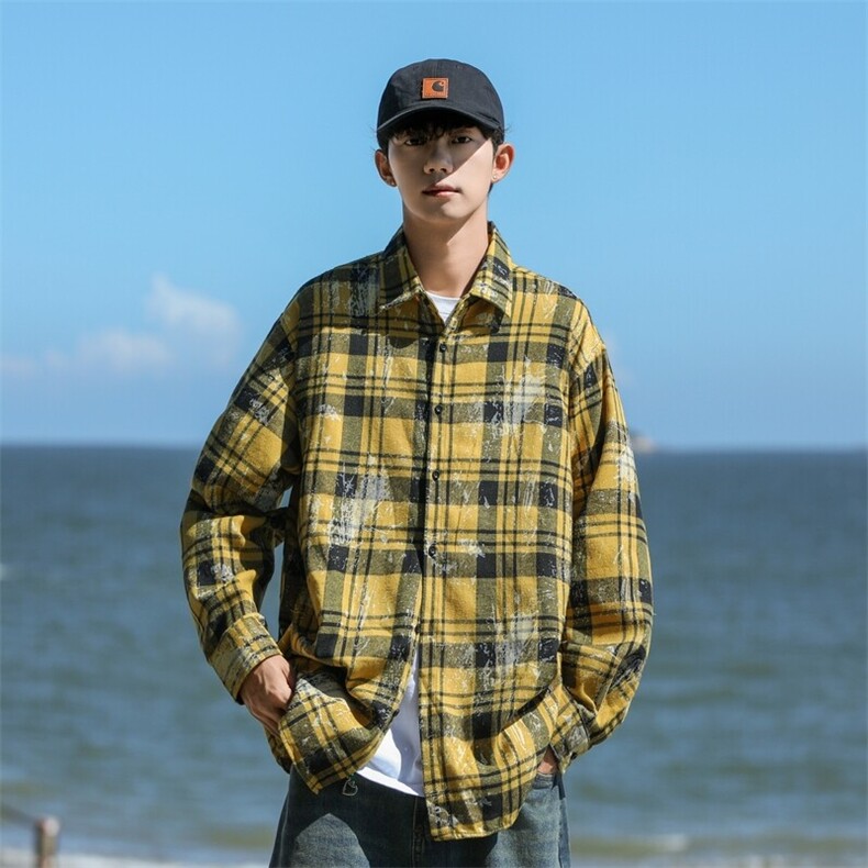 25年春季格子衬衫长袖大码宽松落肩现货DS-C323-1-2387-特批35,男装衬衫,电商C323-1