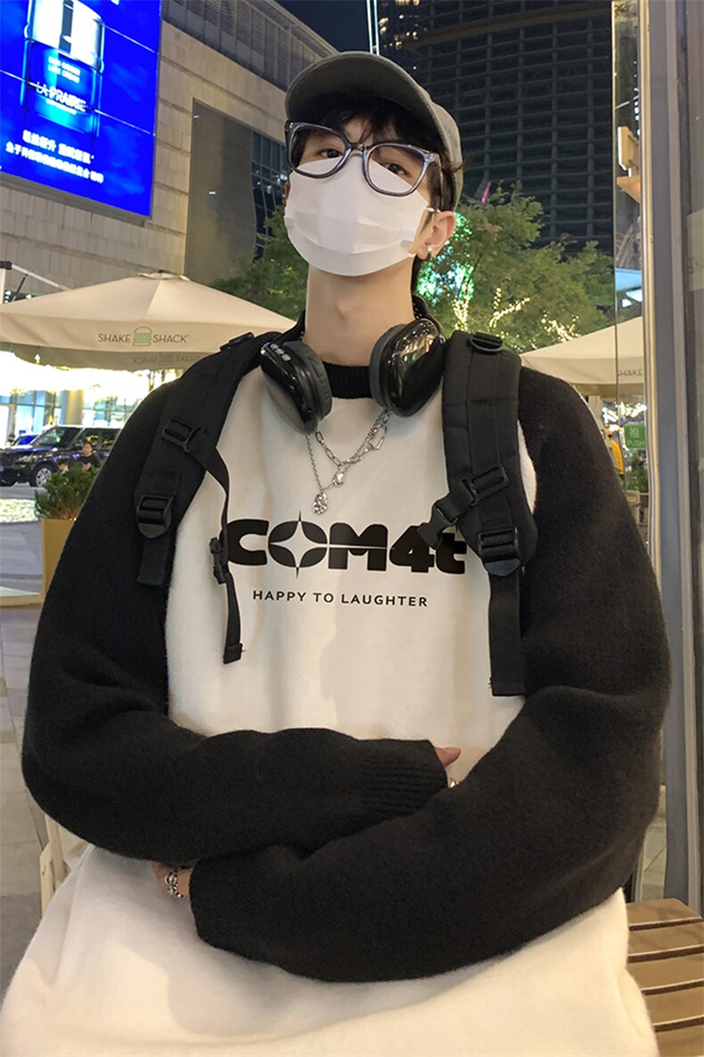 港风夜景个性字母印花拼接插肩袖圆领毛衣M81005特批55控88,男装针织衫/毛衣,电商A247