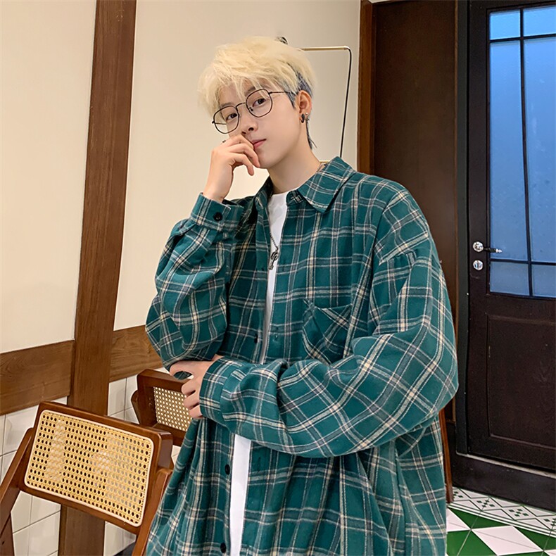衬衫男秋季新款港风宽松磨毛格子长袖衬衣CS550-P38图片
