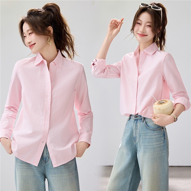2026春夏新款粉色条纹衬衫女宽松显瘦百搭长袖衬衣叠穿内搭通勤，女装衬衫，艾米