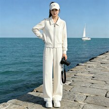 时尚减龄女春季气质休闲套装高级感杏色翻领开衫外套阔腿裤两件套,女装套装/套裙,江南