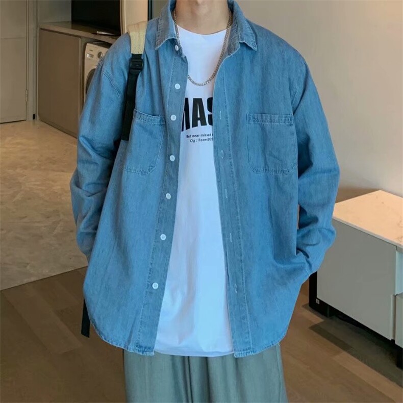 日系小清新ins潮流长袖衬衫男复古百搭宽松帅气牛仔衬衣L9266-P45，男装衬衫，星座1008