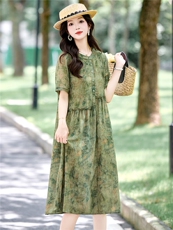 时尚休闲印花连衣裙女2025夏季新款宽松圆领木耳花边减龄碎花裙子，女装连衣裙，木橙西子