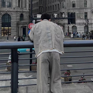 2026新款美式高街ersize水洗做旧复古牛仔外套男士百搭潮流夹克图片