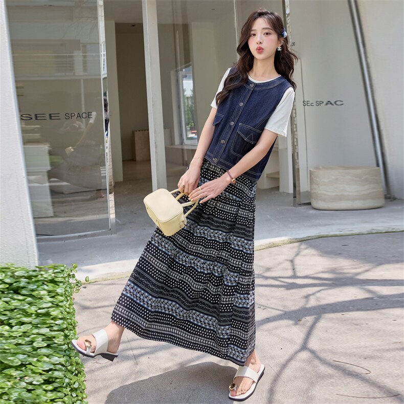 牛仔马甲半裙套装女夏2025新款高端气质波西米亚风印花长裙两件套,女装套装/套裙,美沁