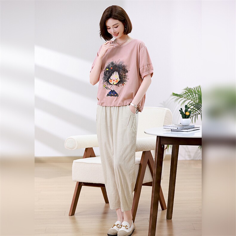 棉麻休闲套装女短袖2025夏季新款妈妈夏装洋气时尚亚麻裤子两件套,女装套装/套裙,叶笙衣