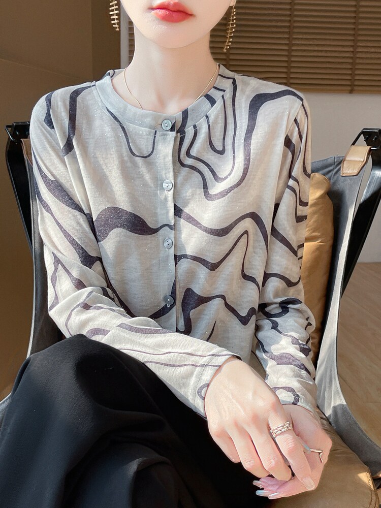 圆领新款针织女长袖花色简约百搭宽松开衫上衣,针织衫/毛衣,绒宛羊绒