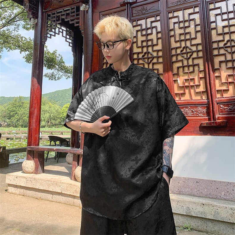 量大优供视频新风蝴蝶提花冰丝短袖短裤套装男TZ2405-特P60,男装牛仔裤,电商A028