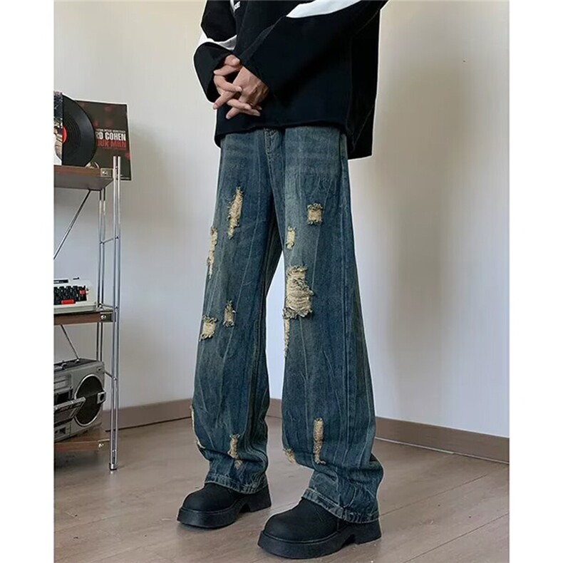 美式复古小众破洞牛仔裤高街百搭痞帅情侣直筒裤KZ44556--TP40，男装牛仔裤，电商A247C