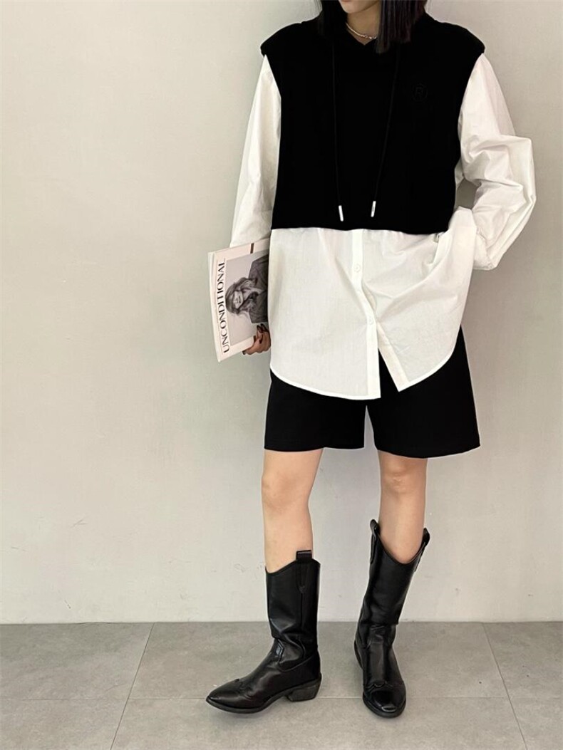 雷洛奇丽—秋装带帽拼接衬衫，女装衬衫，雷洛奇丽