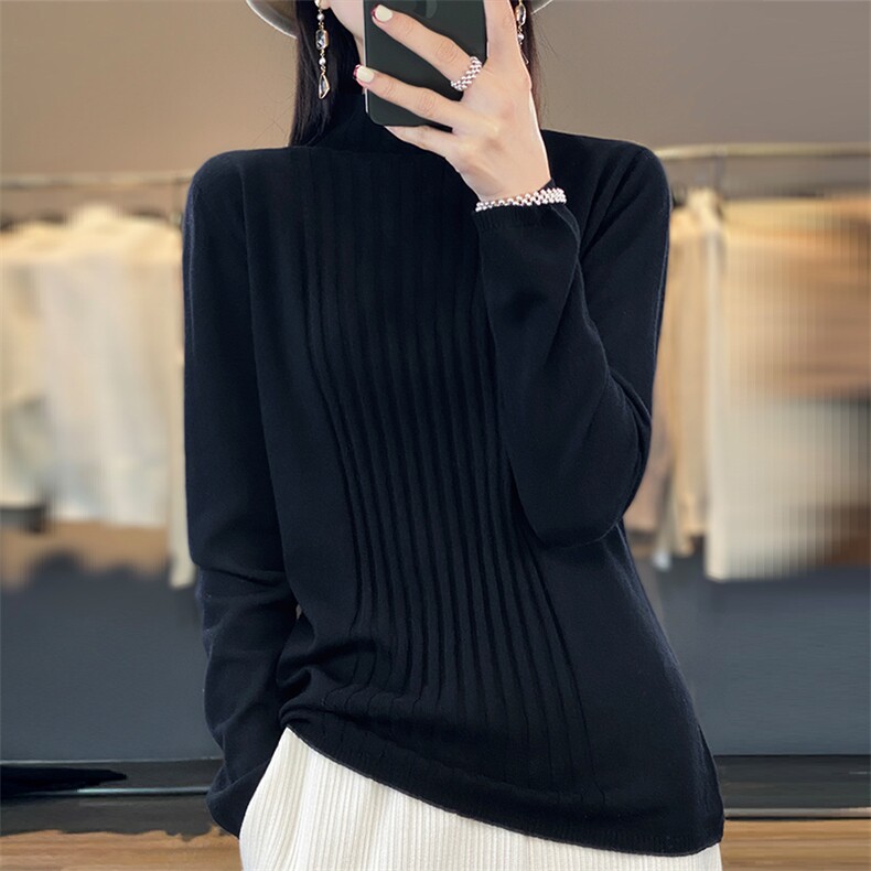 半高领100%纯羊毛衫女春秋新款抽条针织长袖毛衣宽松羊绒衫打底衫,女装羊绒衫,朝思羊绒