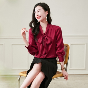 真丝绸衬衫女装春秋2026新款真丝上衣蝴蝶结系带气质高级感衬衣图片