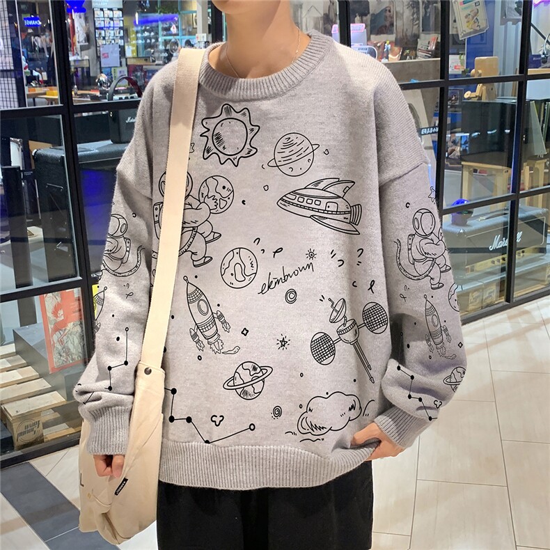 1港风新款宽松休闲中性情侣圆领潮流印花毛衣男外套7804P55加绒70,男装针织衫/毛衣,星座226-2
