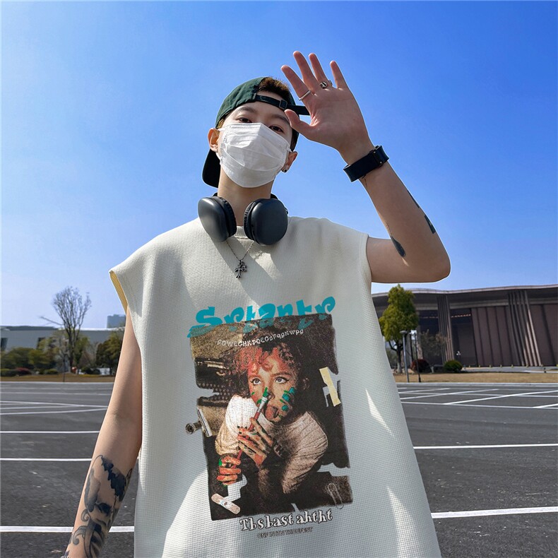 华夫格背心直播高品质重磅220克人物涂鸦印花HB765-P25控38,男装背心/马甲,星座508（原C305）