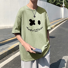 T1795P25港风室外纯棉2021男线条笑脸英文印花短袖T恤宽松T恤，男装T恤，星座510A-1