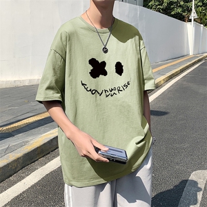 T1795P25港风室外纯棉2021男线条笑脸英文印花短袖T恤宽松T恤图片