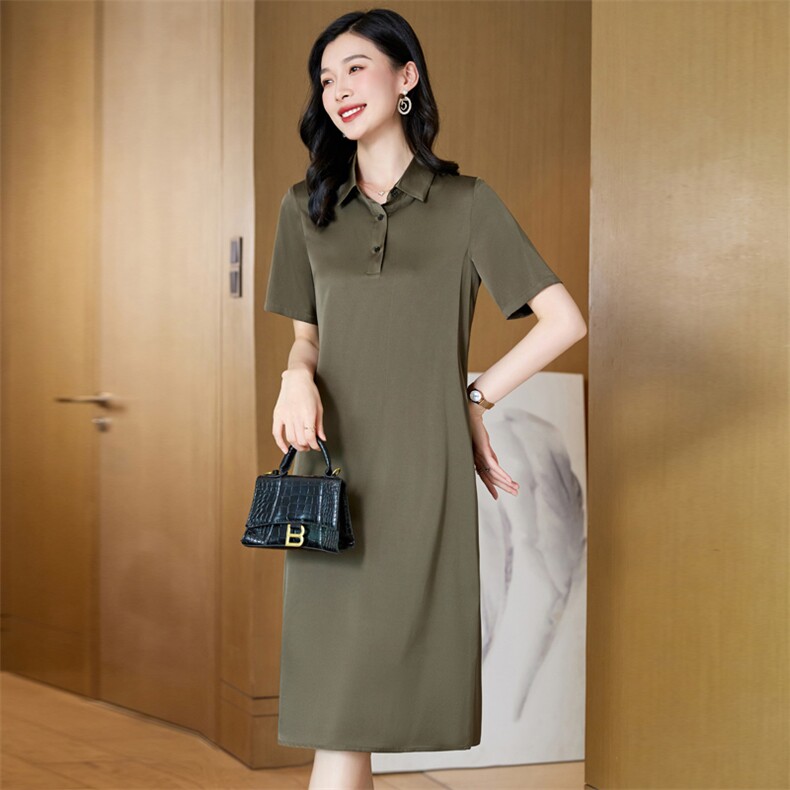 重磅真丝桑蚕丝连衣裙女夏2025新款翻领宽松遮肚子显瘦休闲polo裙,女装连衣裙,阿舍尔精品