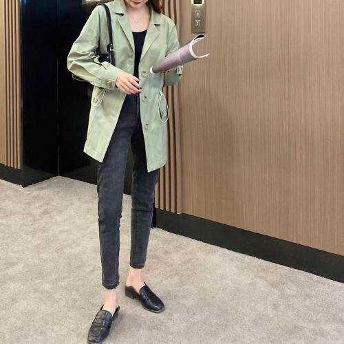 香丽迪抽绳收腰风衣女春夏新款绿色小个子休闲外套中长，女装风衣，香丽迪1